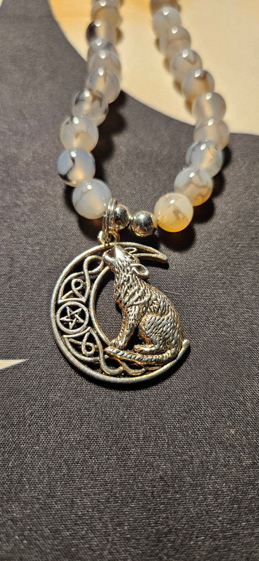 Black Dragon Agate with Wolf Pendant