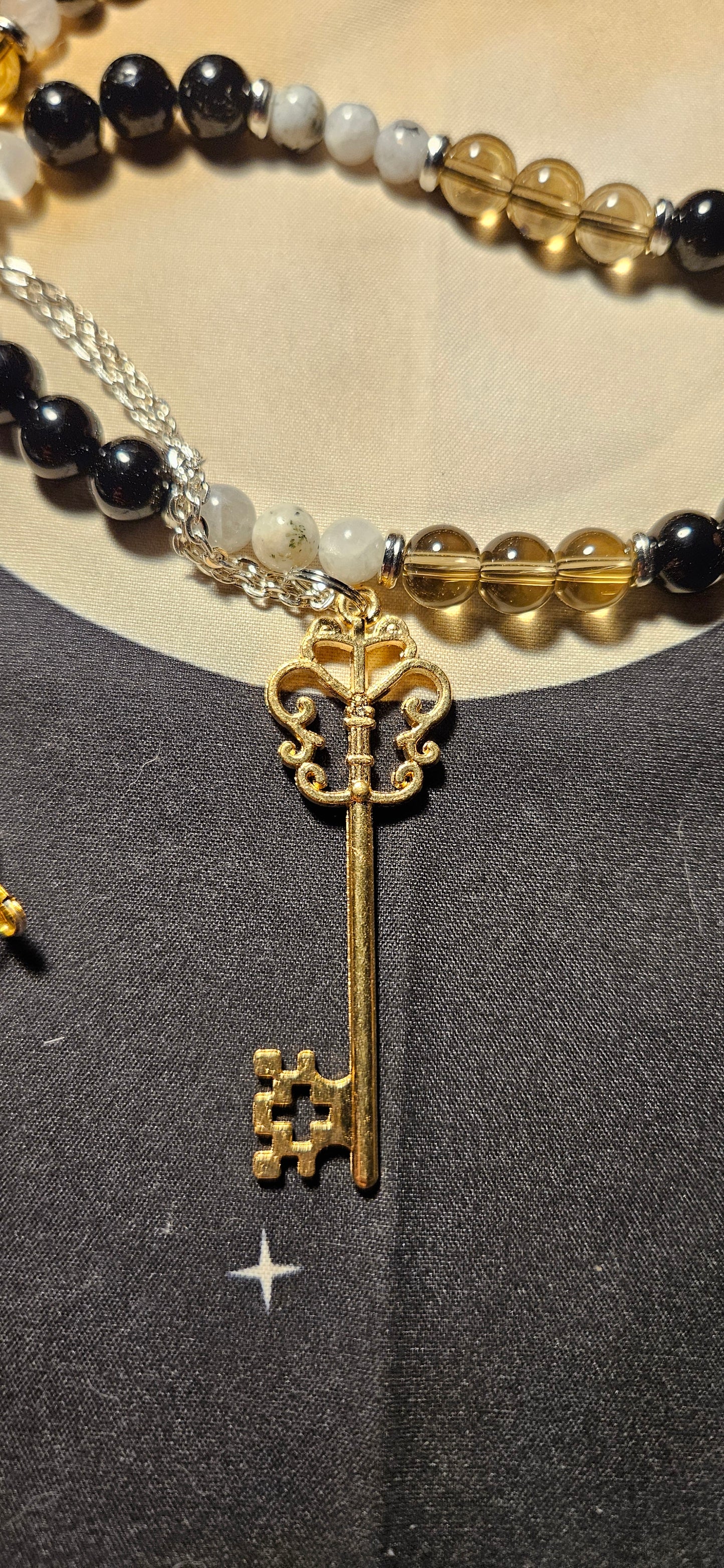 Smoky Quartz, Obsidian, Moonstone with old key charm necklace