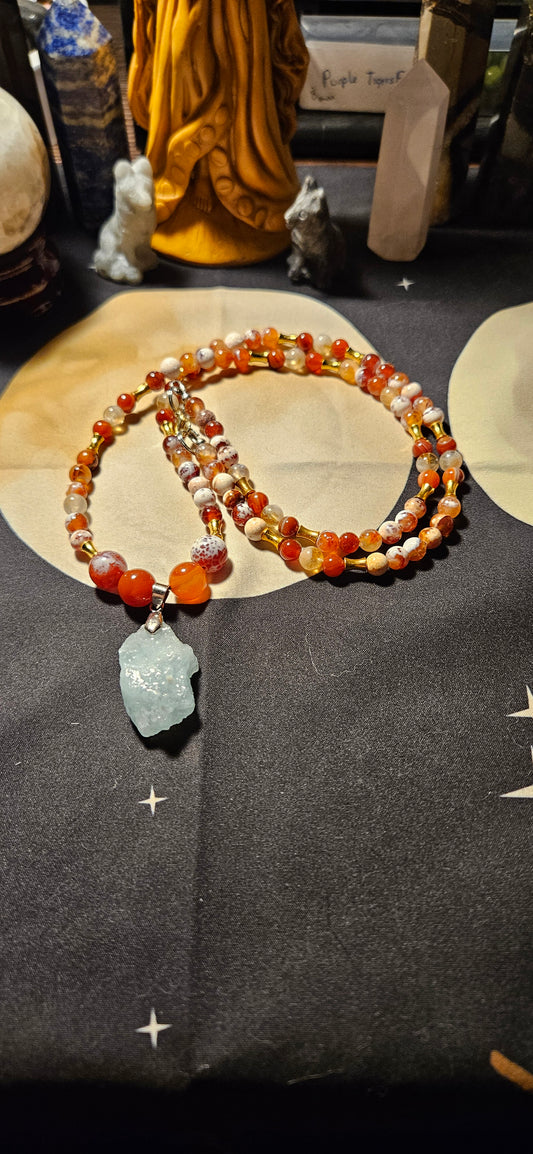 Carnelian, Citrine, Red Fire Agate with Raw Aquarmarine pendant necklace