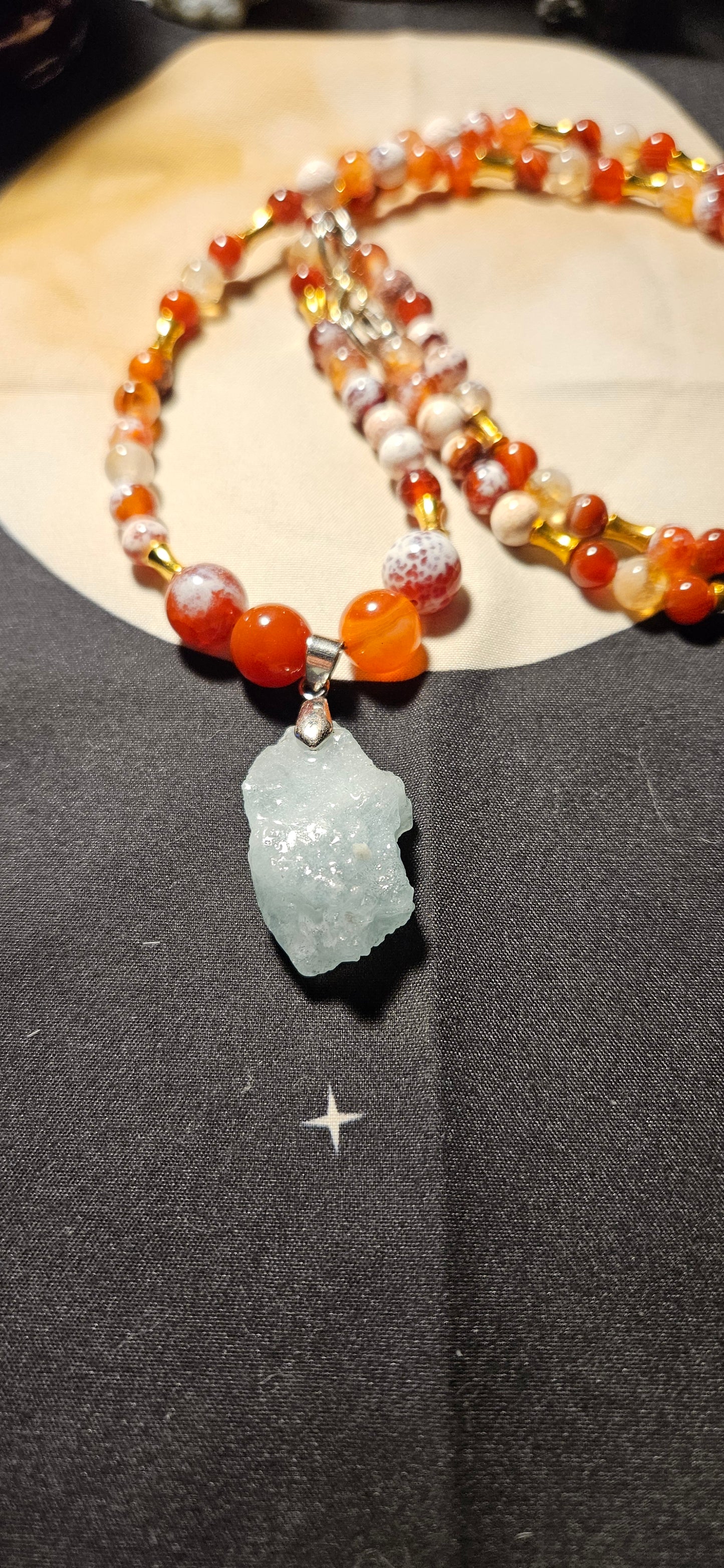 Carnelian, Citrine, Red Fire Agate with Raw Aquarmarine pendant necklace