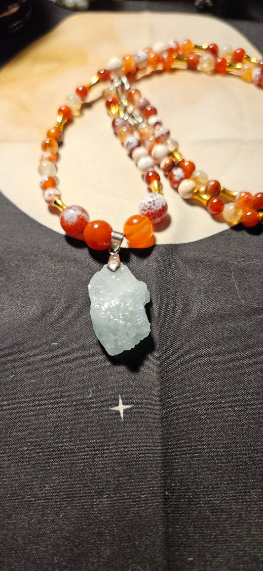 Carnelian, Citrine, Red Fire Agate with Raw Aquarmarine pendant necklace