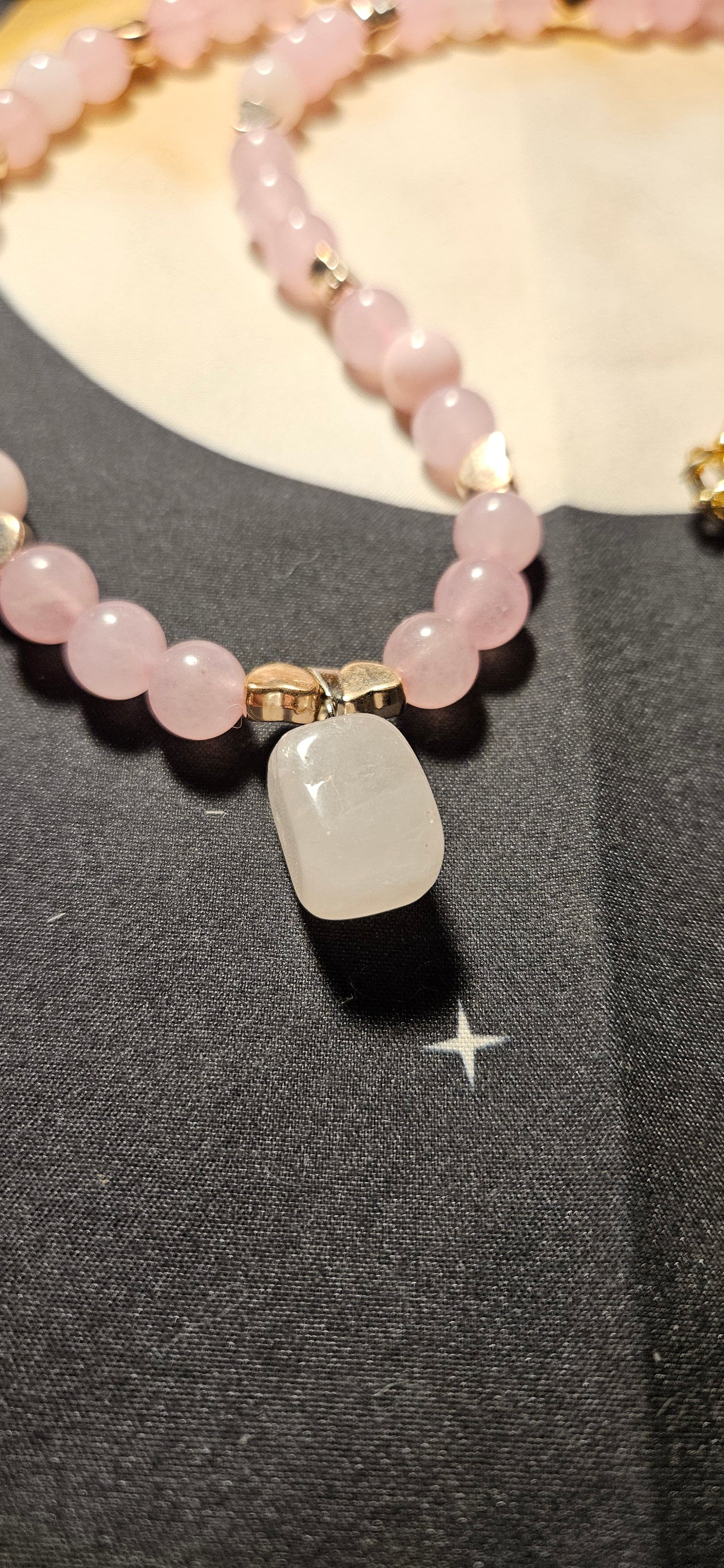 Rose Quartz with heart spacers and Rose Quartz tumbled pendant
