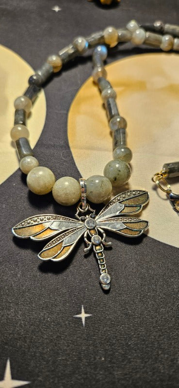 Labradorite Necklace with Dragonfly Pendant Charm