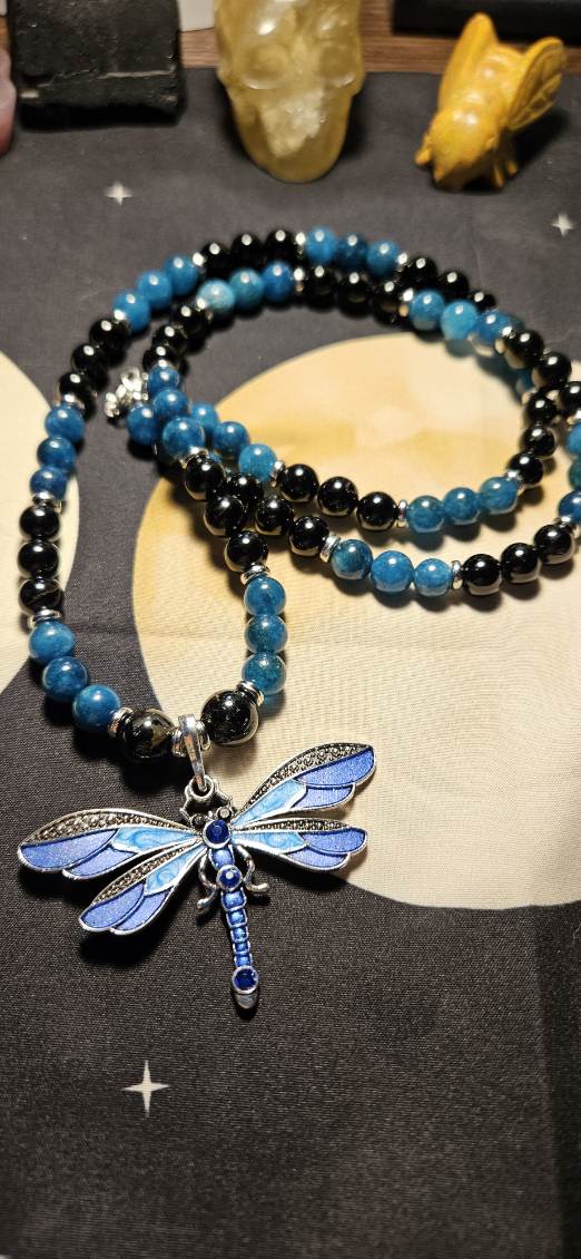 Blue Apatite and Black Tourmaline Dragonfly Necklace