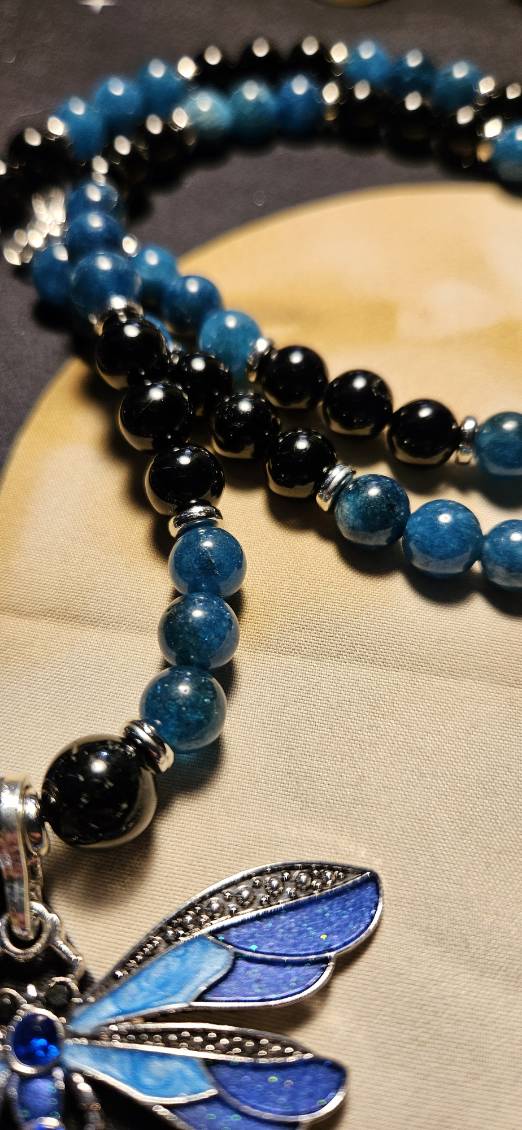 Blue Apatite and Black Tourmaline Dragonfly Necklace