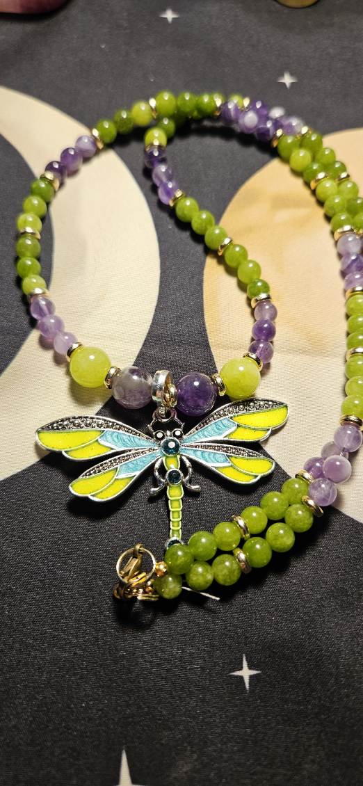 Peridot, Amethyst and Dragonfly Necklace