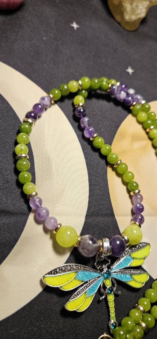 Peridot, Amethyst and Dragonfly Necklace