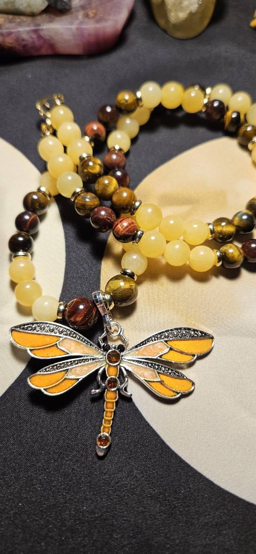 Honey Calcite and Tiger's Eye with Dragonfly pendant necklace