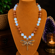 Opalite & Golden Sandstone Beaded Necklace with Yellow Dragonfly Pendant – 22