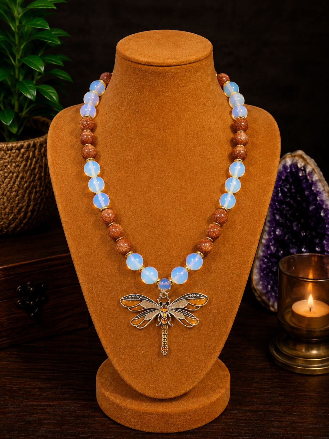 Opalite & Golden Sandstone Beaded Necklace with Yellow Dragonfly Pendant – 22