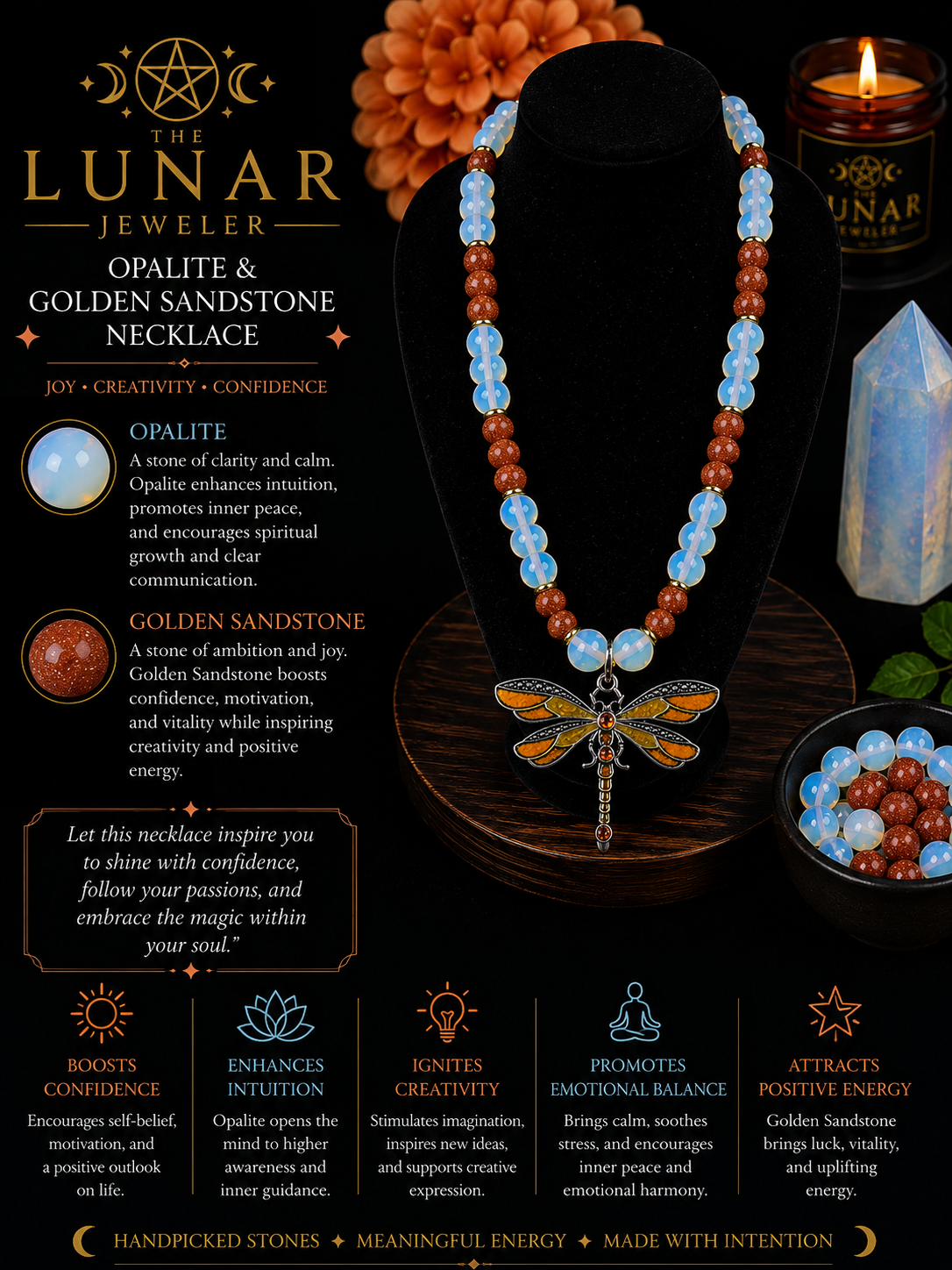 Opalite & Golden Sandstone Beaded Necklace with Yellow Dragonfly Pendant – 22" Steel Wire Necklace