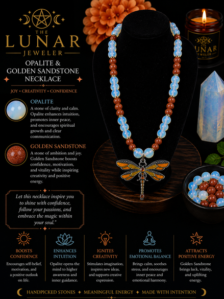 Opalite & Golden Sandstone Beaded Necklace with Yellow Dragonfly Pendant – 22" Steel Wire Necklace