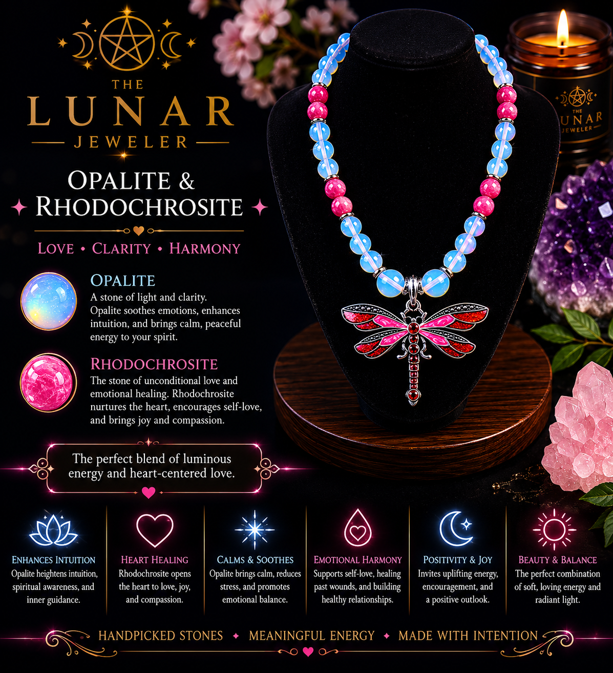 Opalite & Rhodochrosite Beaded Necklace with Red Dragonfly Pendant – 22