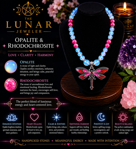 Opalite & Rhodochrosite Beaded Necklace with Red Dragonfly Pendant – 22" Steel Wire Necklace