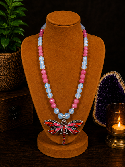 Opalite & Rhodochrosite Beaded Necklace with Red Dragonfly Pendant – 22" Steel Wire Necklace