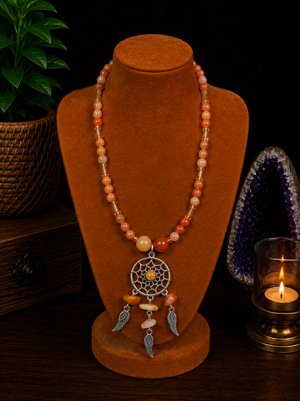 Orange Aventurine 6mm Beaded Necklace with Dreamcatcher Charm