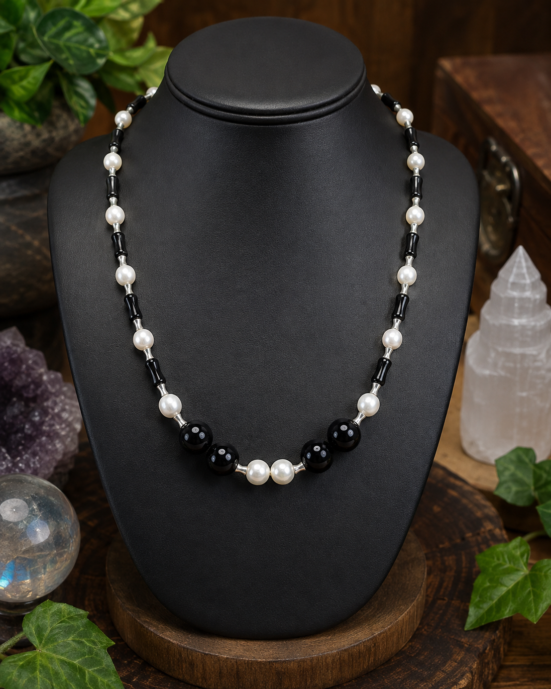 22" Pearl, Black Onyx & Black Agate Necklace