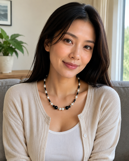 22" Pearl, Black Onyx & Black Agate Necklace