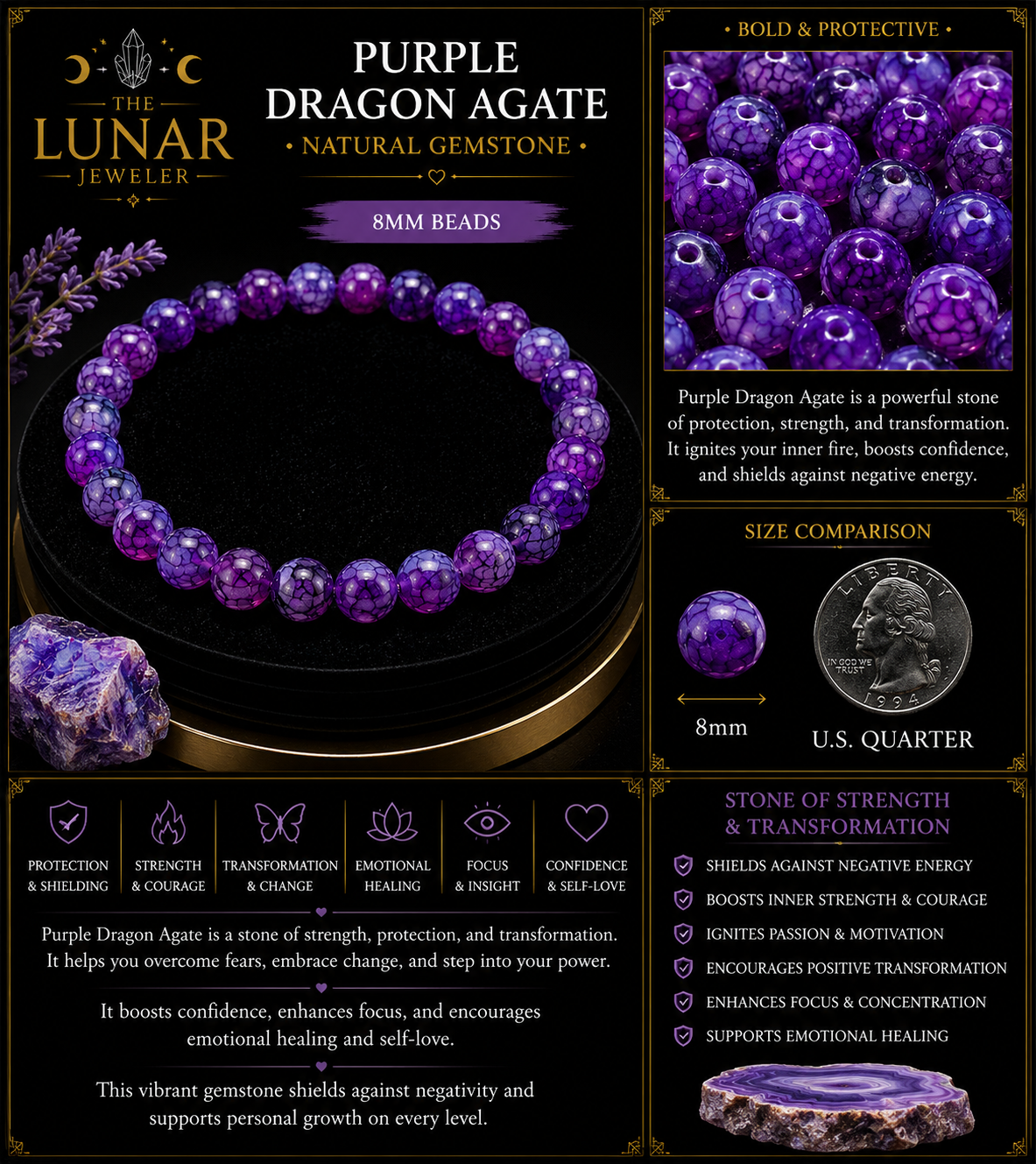 Purple Dragon Agate Bracelet – 7.5