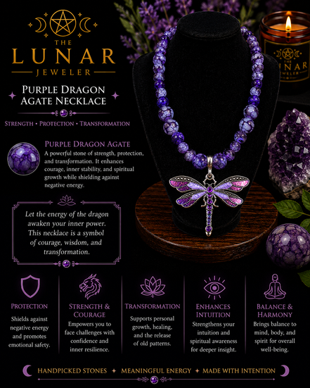 Purple Dragon Agate Beaded Necklace with Purple Dragonfly Pendant – 22" Steel Wire Necklace