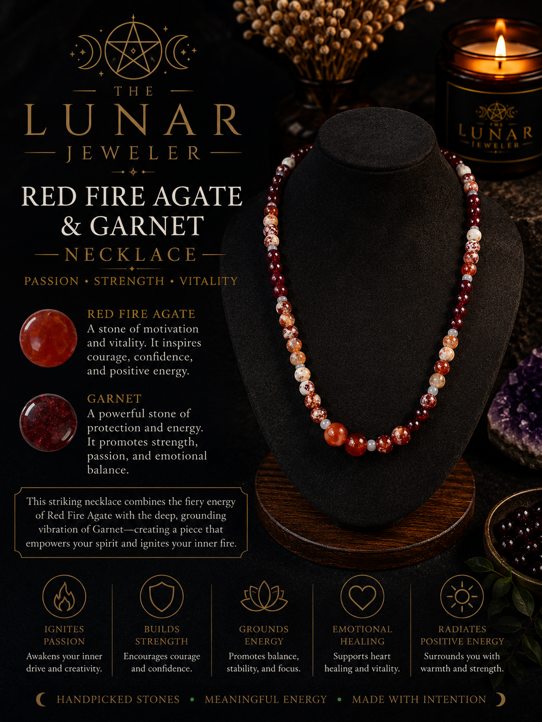6mm Red Fire Agate & Garnet Beaded Necklace – 22" Steel Wire Necklace