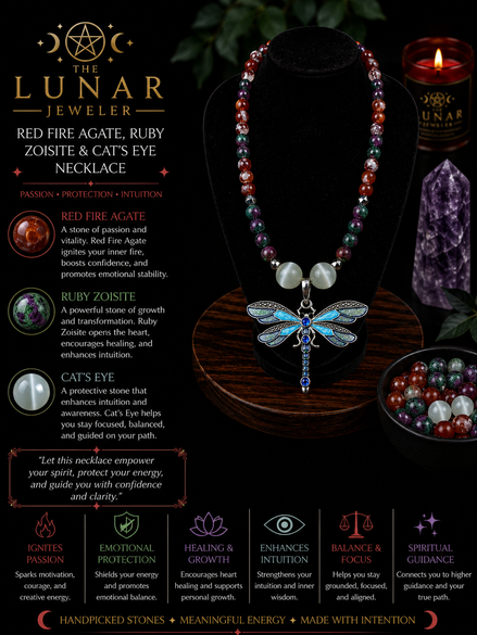 Red Fire Agate & Ruby Zoisite Beaded Necklace with White Cat's Eye Focal Beads & Blue Dragonfly Pendant – 22" Steel Wire Necklace