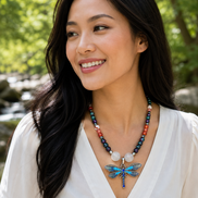 Red Fire Agate & Ruby Zoisite Beaded Necklace with White Cat's Eye Focal Beads & Blue Dragonfly Pendant – 22