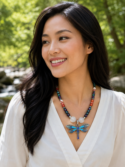 Red Fire Agate & Ruby Zoisite Beaded Necklace with White Cat's Eye Focal Beads & Blue Dragonfly Pendant – 22" Steel Wire Necklace