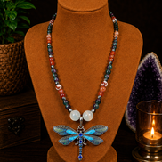 Red Fire Agate & Ruby Zoisite Beaded Necklace with White Cat's Eye Focal Beads & Blue Dragonfly Pendant – 22