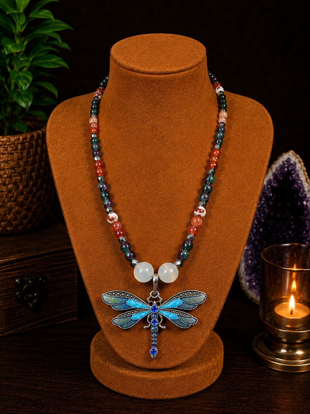 Red Fire Agate & Ruby Zoisite Beaded Necklace with White Cat's Eye Focal Beads & Blue Dragonfly Pendant – 22
