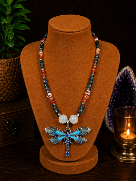 Red Fire Agate & Ruby Zoisite Beaded Necklace with White Cat's Eye Focal Beads & Blue Dragonfly Pendant – 22" Steel Wire Necklace