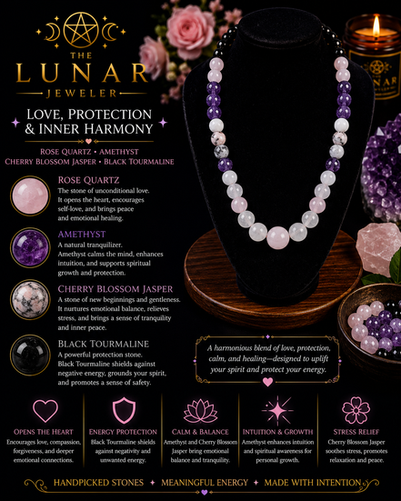 Rose Quartz, Amethyst, Cherry Blossom Jasper & Black Tourmaline Beaded Necklace – 22" Steel Wire Necklace