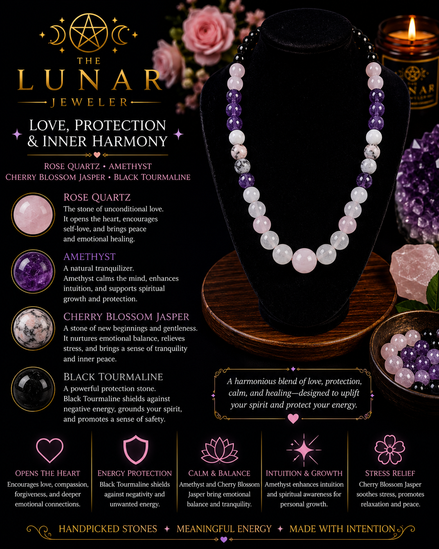 Rose Quartz, Amethyst, Cherry Blossom Jasper & Black Tourmaline Beaded Necklace – 22" Steel Wire Necklace