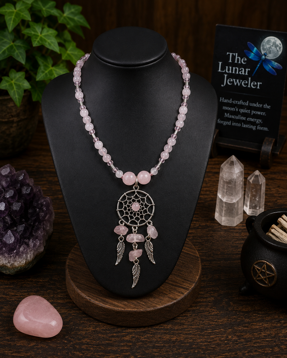 Rose Quartz Dreamcatcher Necklace – 22"