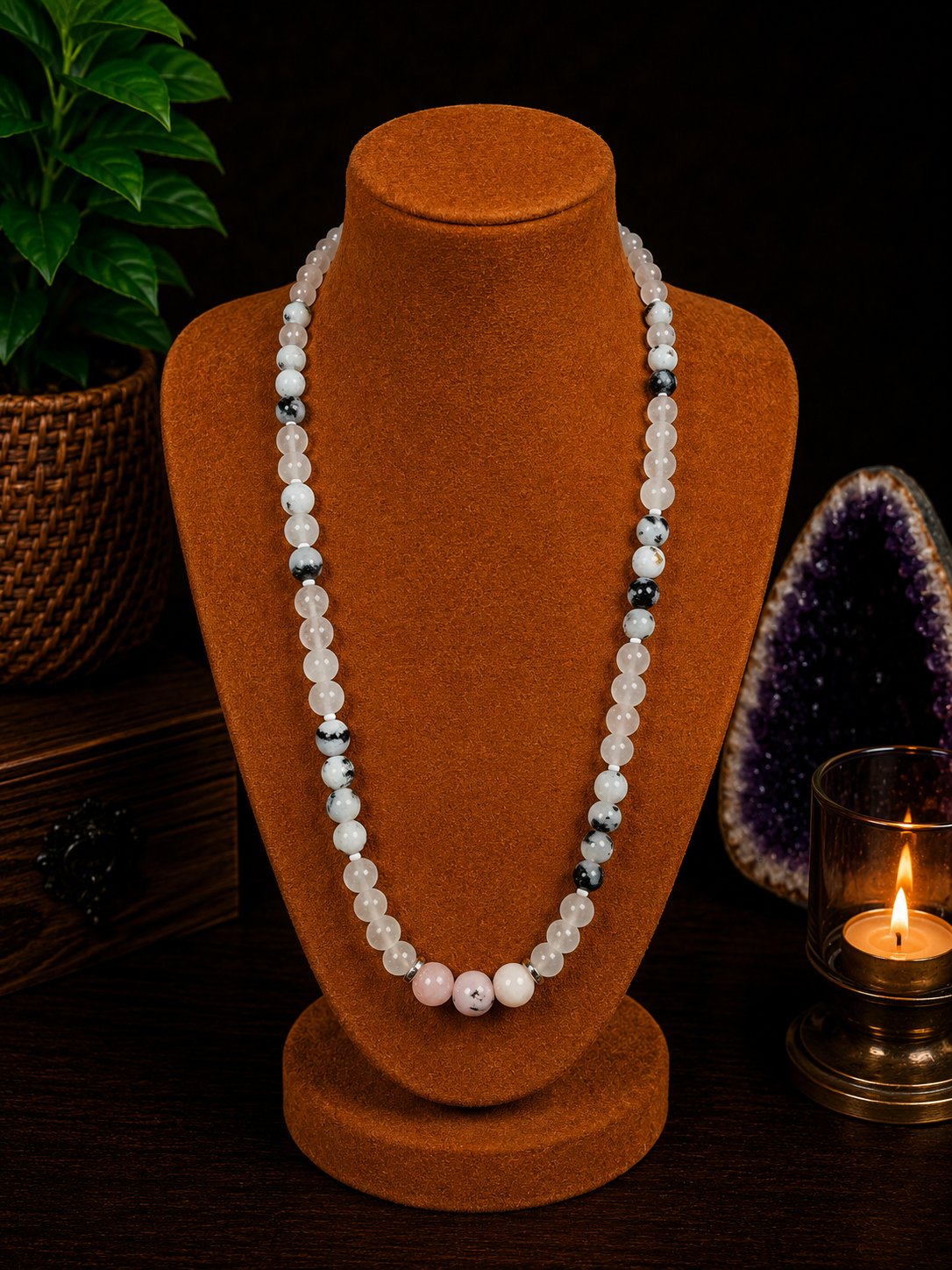 Rose Quartz, Moonstone & Cherry Blossom Jasper Beaded Necklace – 22
