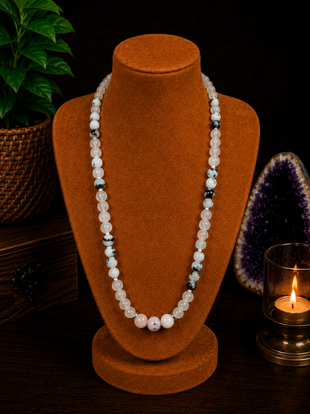 Rose Quartz, Moonstone & Cherry Blossom Jasper Beaded Necklace – 22" Steel Wire Necklace