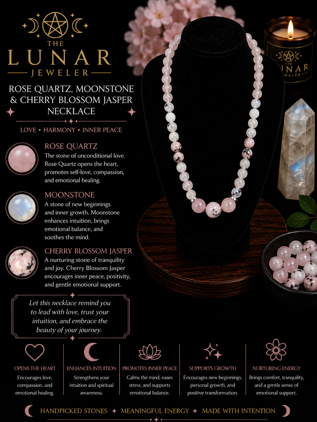 Rose Quartz, Moonstone & Cherry Blossom Jasper Beaded Necklace – 22" Steel Wire Necklace