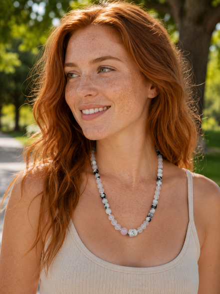 Rose Quartz, Moonstone & Cherry Blossom Jasper Beaded Necklace – 22" Steel Wire Necklace