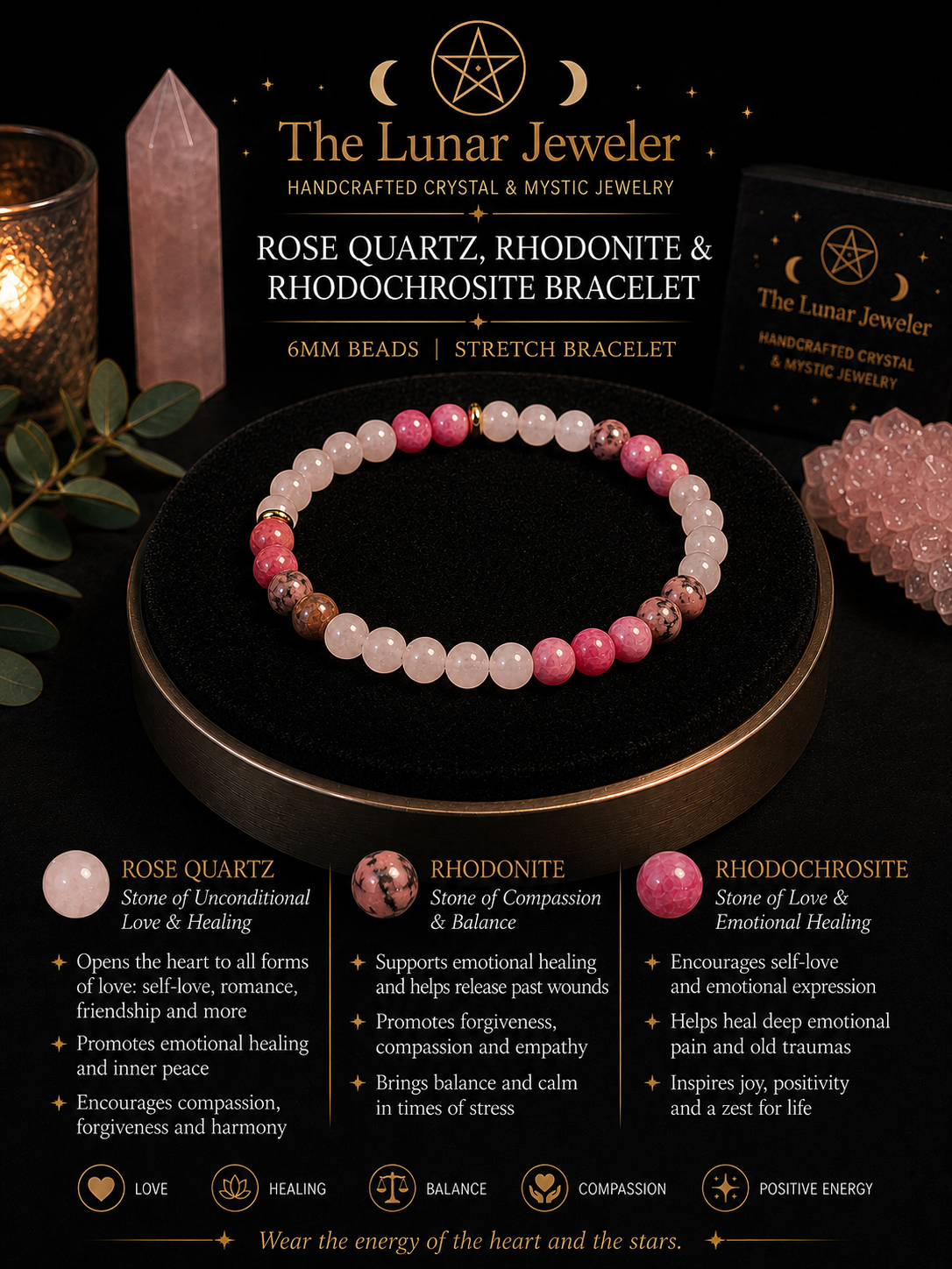 Rose Quartz, Rhodonite & Rhodochrosite Bracelet – 7.5