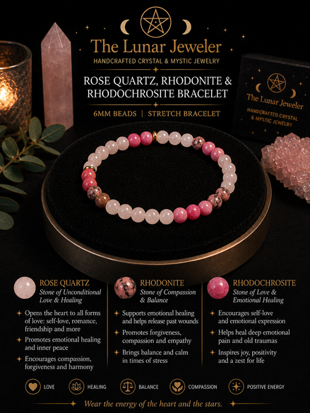 Rose Quartz, Rhodonite & Rhodochrosite Bracelet – 7.5" Elastic Bracelet