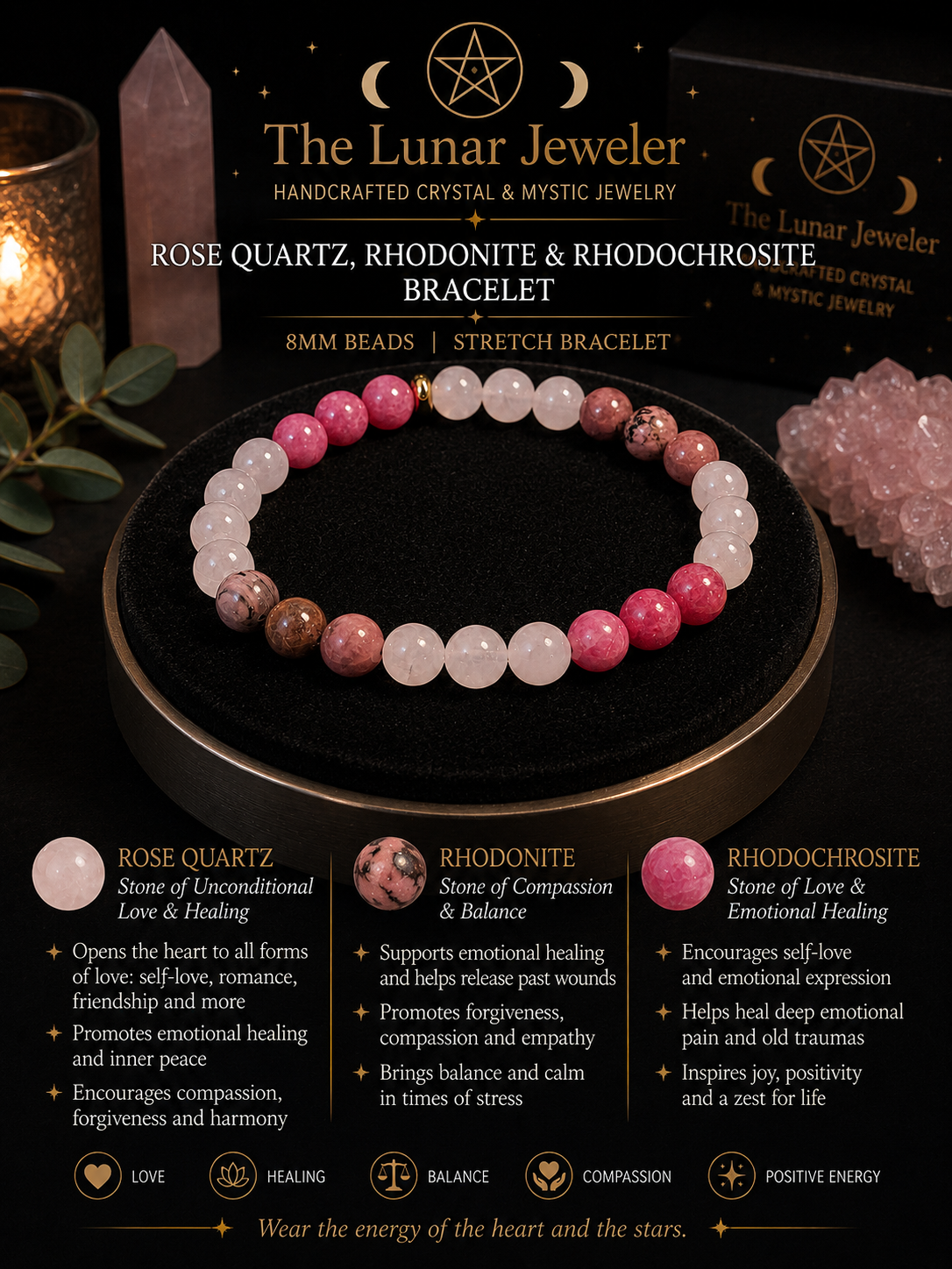 Rose Quartz, Rhodonite & Rhodochrosite Bracelet – 7.5