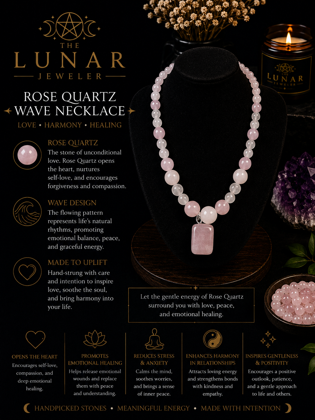 Rose Quartz Beaded Necklace in a Wave Pattern with Rose Quartz Pendant – 22" Steel Wire Necklace