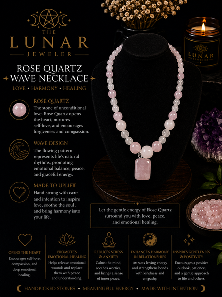 Rose Quartz Beaded Necklace in a Wave Pattern with Rose Quartz Pendant – 22" Steel Wire Necklace