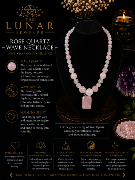 Rose Quartz Beaded Necklace in a Wave Pattern with Rose Quartz Pendant – 22" Steel Wire Necklace