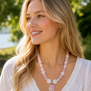 Rose Quartz Beaded Necklace in a Wave Pattern with Rose Quartz Pendant – 22