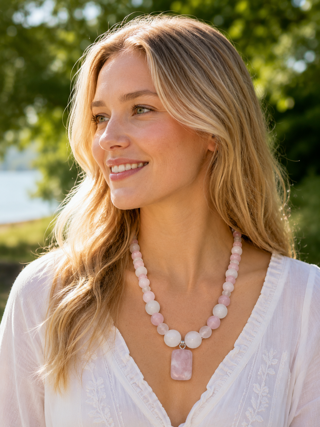 Rose Quartz Beaded Necklace in a Wave Pattern with Rose Quartz Pendant – 22