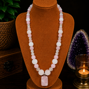 Rose Quartz Beaded Necklace in a Wave Pattern with Rose Quartz Pendant – 22
