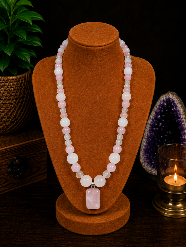 Rose Quartz Beaded Necklace in a Wave Pattern with Rose Quartz Pendant – 22" Steel Wire Necklace
