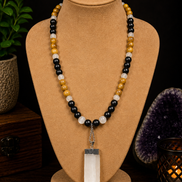 Golden Sandalwood, Ebony Wood & Selenite Beaded Necklace with Satin Spar Pendant – 22