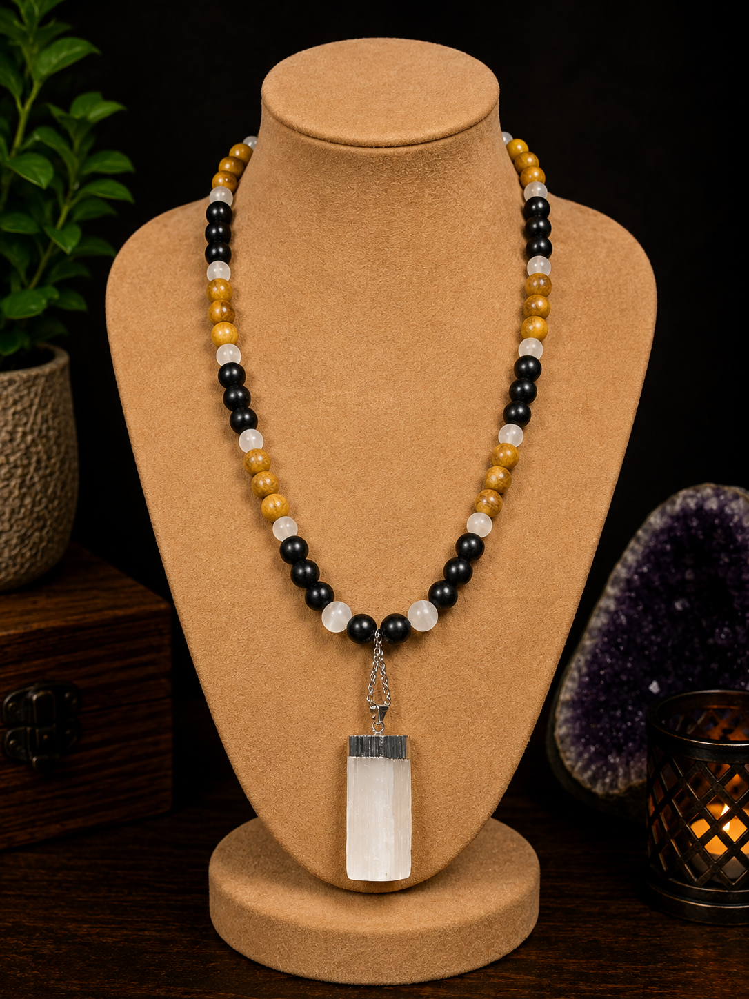 Golden Sandalwood, Ebony Wood & Selenite Beaded Necklace with Satin Spar Pendant – 22
